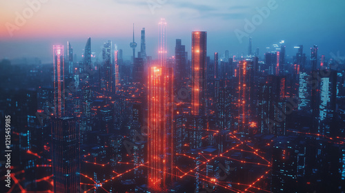 Wallpaper Mural Smart digital Innovation city with connection network reciprocity over the twilight cityscape. of future smart wireless digital city and social media networking systems that connects people with city Torontodigital.ca