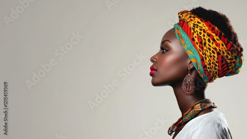 African woman in colorful headwrap, earrings, and necklace Side profile against plain background