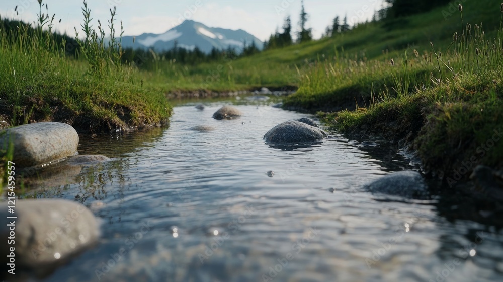 A gentle mountain stream winds through a verdant landscape, with mountains looming majestically in the backdrop under a clear sky. A gentle mountain stream winds through a verdant landscape, with mountains looming majestically in the backdrop under a clear sky.