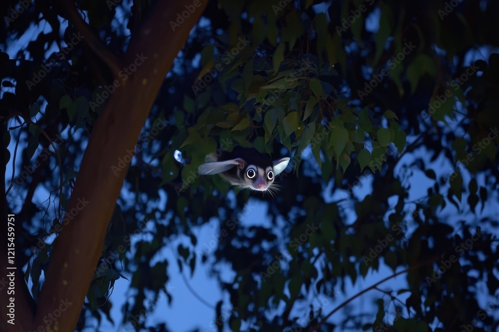 A sugar glider gliding between eucalyptus trees at dusk, its large eyes reflecting the moonlight. A sugar glider gliding between eucalyptus trees at dusk, its large eyes reflecting the moonlight.