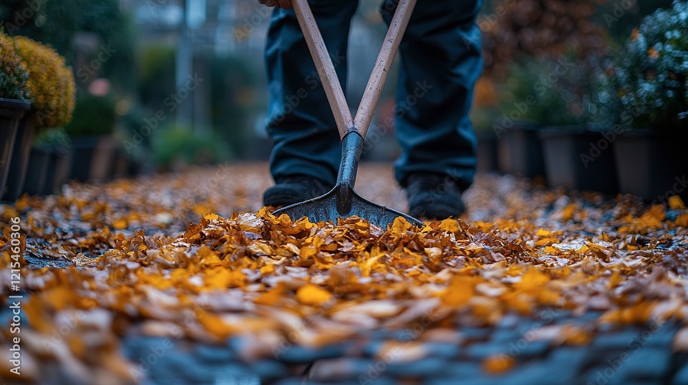 Person using a shovel to gather autumn leaves Person using a shovel to gather autumn leaves