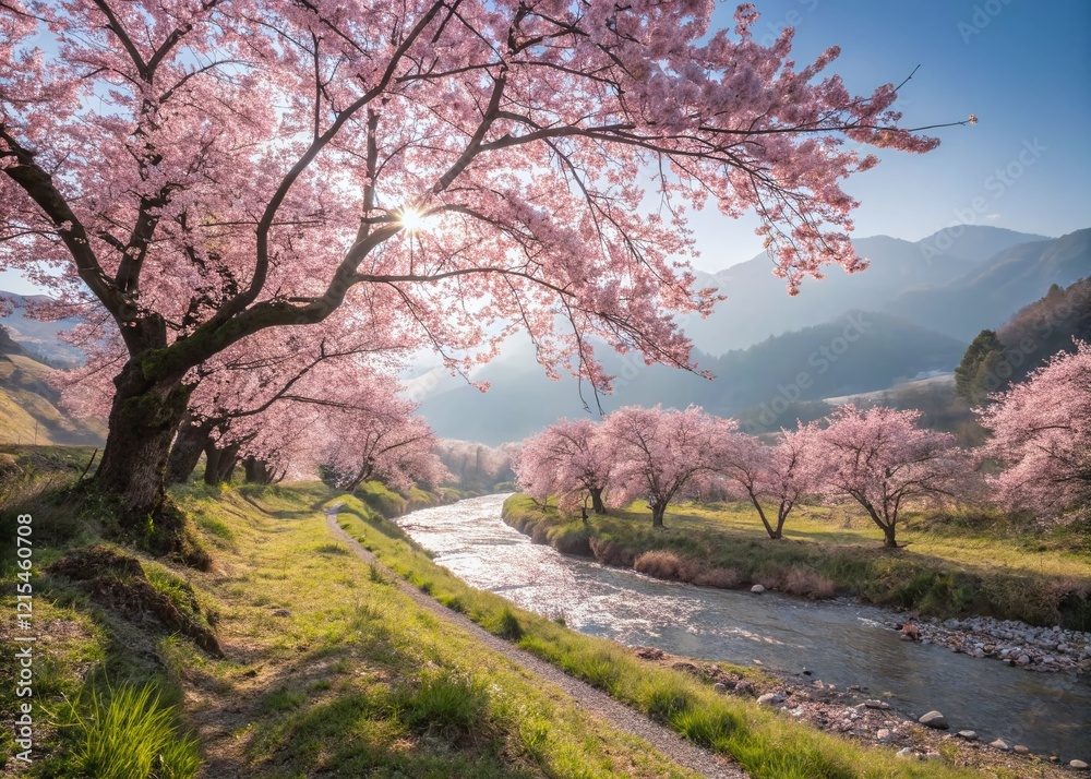 Serene Spring Landscape: Pink Sakura Blossoms in Full Bloom Serene Spring Landscape: Pink Sakura Blossoms in Full Bloom