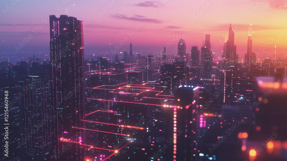 Fototapeta premium Smart digital Innovation city with connection network reciprocity over the twilight cityscape. of future smart wireless digital city and social media networking systems that connects people with city