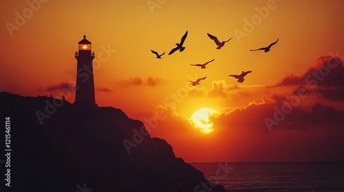Seagulls circling a lighthouse during a crimson sunset, explorers discovering hidden caves along the cliff, sunset discovery, coastal exploration. Crimson Harbor. Illustration