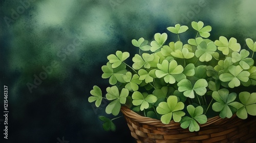 Basket of vibrant green shamrocks on a blurred background for St. Patrick's Day