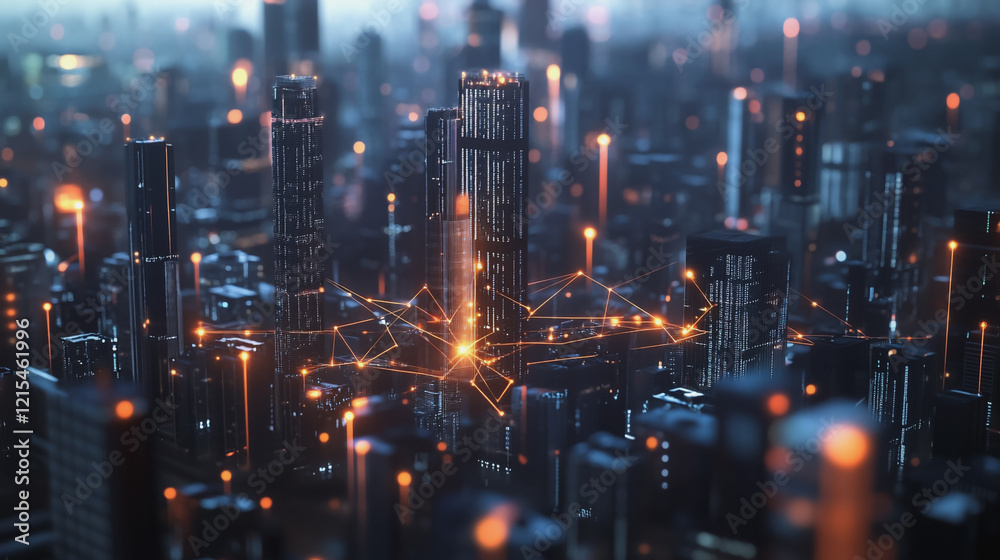 Fototapeta premium Smart digital Innovation city with connection network reciprocity over the twilight cityscape. of future smart wireless digital city and social media networking systems that connects people with city