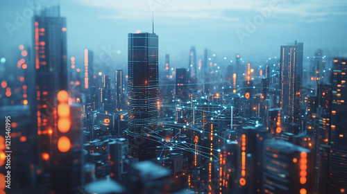 Wallpaper Mural Smart digital Innovation city with connection network reciprocity over the twilight cityscape. of future smart wireless digital city and social media networking systems that connects people with city Torontodigital.ca