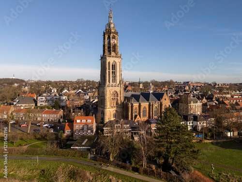 Aerial View of the Church of Rhenen by the River photo