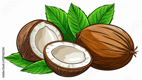 Coconut isolated. Coconuts with leaves on white background. Coconut and a half. Full depth of field.