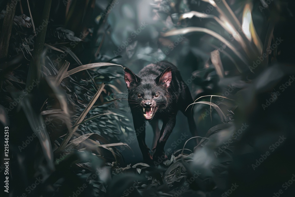 Naklejka premium A Tasmanian devil with a fierce expression, its sharp teeth bared, in a dense forest undergrowth.