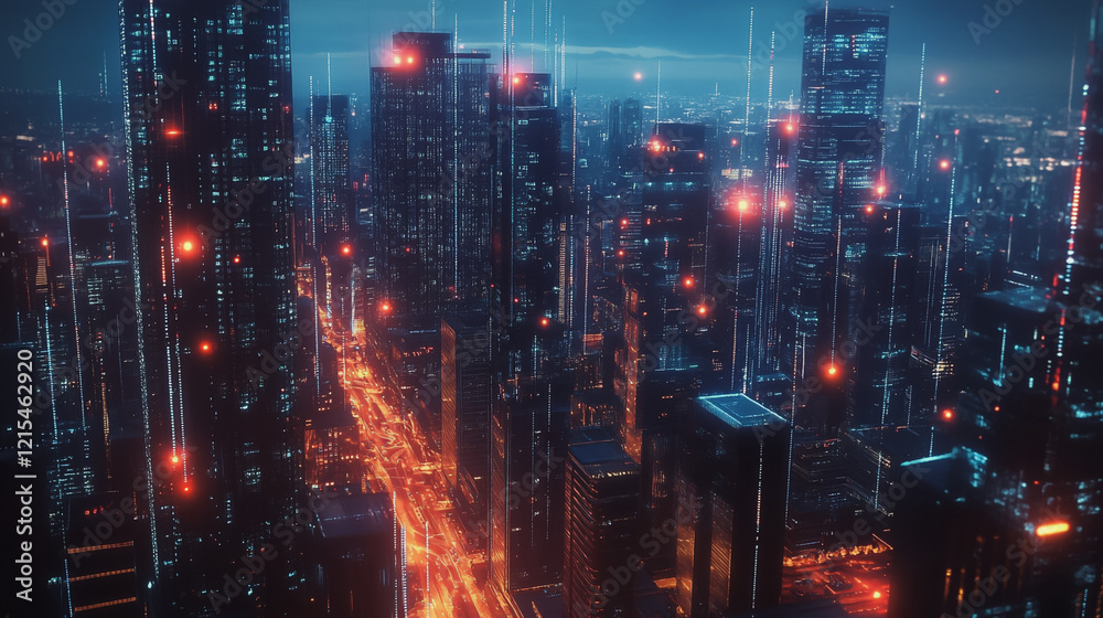 Obraz premium Smart digital Innovation city with connection network reciprocity over the twilight cityscape. of future smart wireless digital city and social media networking systems that connects people with city