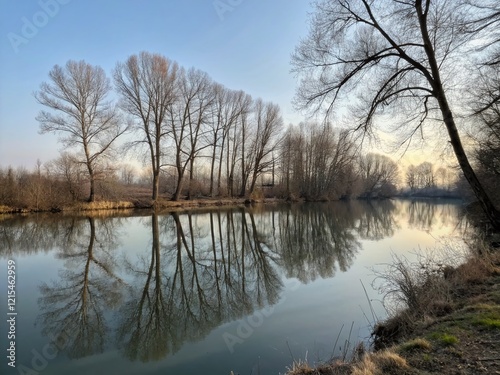 Serene Winter Lake Reflection: Tranquil Treescape Photography