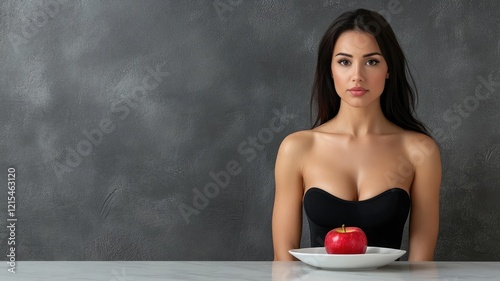 Woman with apple on plate, wearing black dress, sits at table
