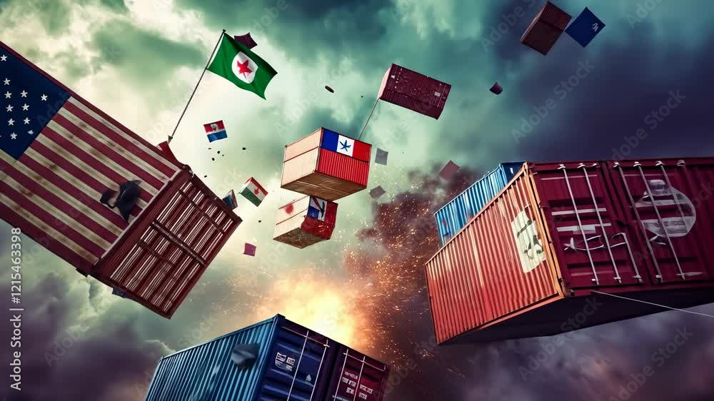custom made wallpaper toronto digitalContainers flags crash spectacularly sky.Vivid cargo fly clouds.USA and China marked boxes collide,suggesting trade tensions.Dynamic aerial accident.Symbolic representation economic conflicts.