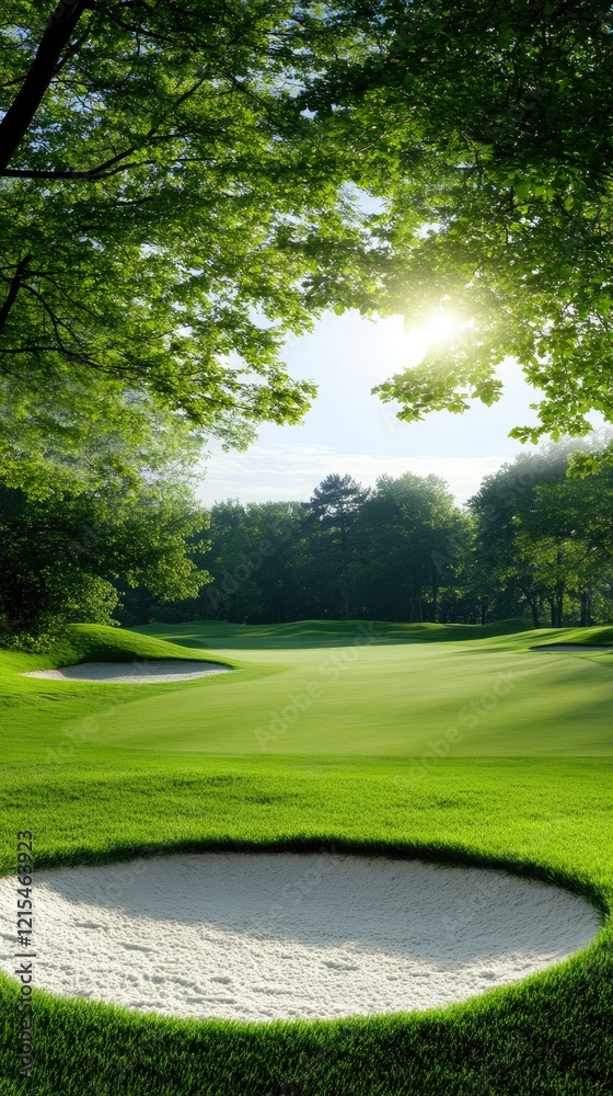 A peaceful golf course bathed in the soft glow of sunrise, featuring vibrant green grass and a sand trap prominently in the foreground A peaceful golf course bathed in the soft glow of sunrise, featuring vibrant green grass and a sand trap prominently in the foreground