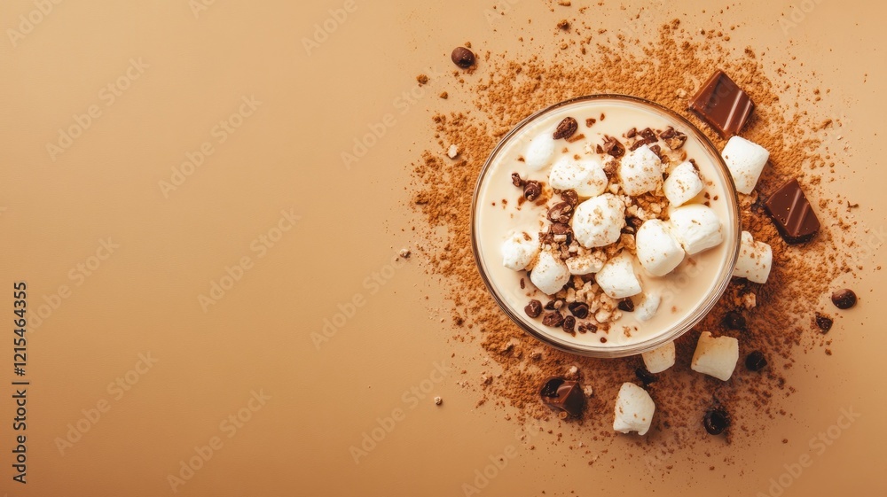 Overhead view of hot chocolate with marshmallows and pieces on beige background Overhead view of hot chocolate with marshmallows and pieces on beige background