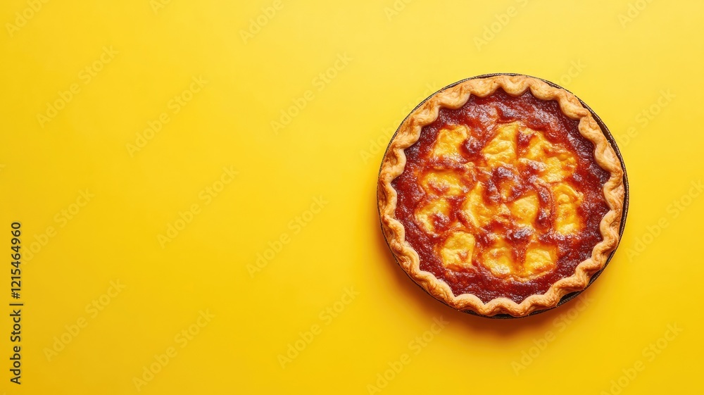 Golden-brown pie with fruit filling on yellow background Golden-brown pie with fruit filling on yellow background
