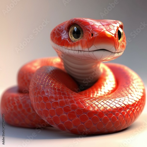 A cute digitally rendered coiled red snake with shiny scales and big eyes