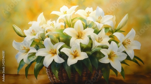 A basket of blooming white lilies against a warm background in watercolor style