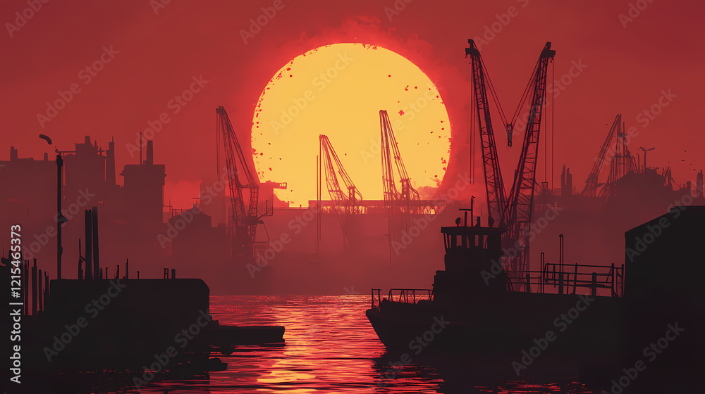 Obraz premium A crimson sunset over the harbor. Crimson Harbor. Illustration