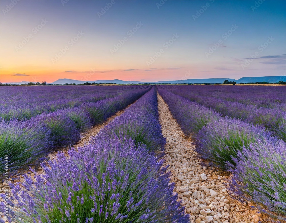 Obraz premium Scenic Sunset Over Violet Lavender Fields in Provence, France, Capturing Summer's Blooming Beauty