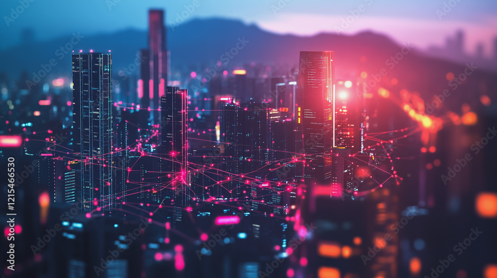 Smart digital Innovation city with connection network reciprocity over the twilight cityscape. of future smart wireless digital city and social media networking systems that connects people with city Smart digital Innovation city with connection network reciprocity over the twilight cityscape. of future smart wireless digital city and social media networking systems that connects people with city