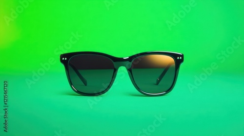 A pair of sunglasses are isolated on a vibrant green background, offering a stylish look
