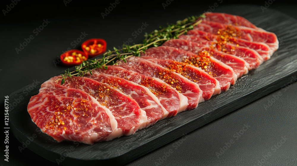 Cut of Marbled Beef with Thinly Sliced Portions Neatly Arranged on a Black Wooden Board, Garnished with Thyme and Chili Flakes, Against a Minimalist Dark Background with Space for Text, copy space Cut of Marbled Beef with Thinly Sliced Portions Neatly Arranged on a Black Wooden Board, Garnished with Thyme and Chili Flakes, Against a Minimalist Dark Background with Space for Text, copy space