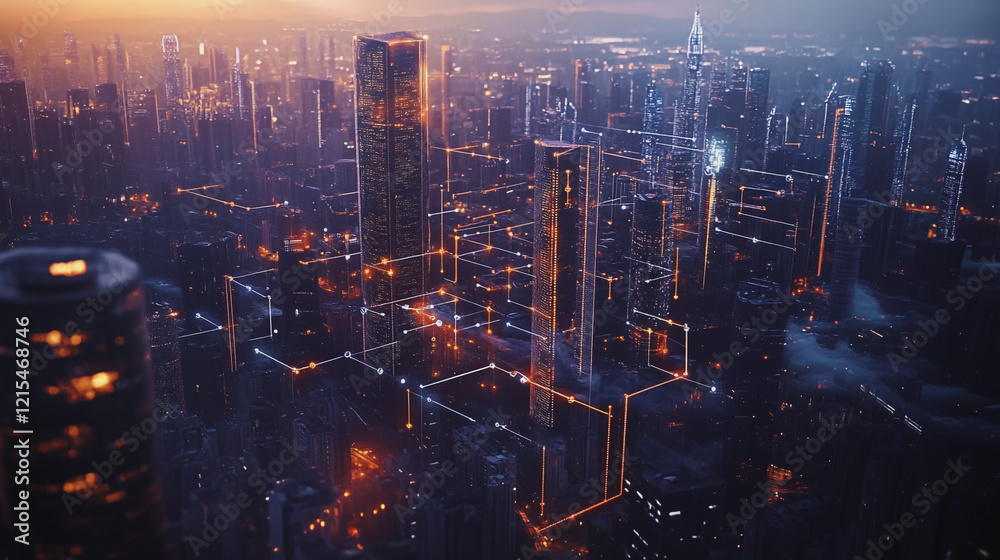 Obraz premium Smart digital Innovation city with connection network reciprocity over the twilight cityscape. of future smart wireless digital city and social media networking systems that connects people with city