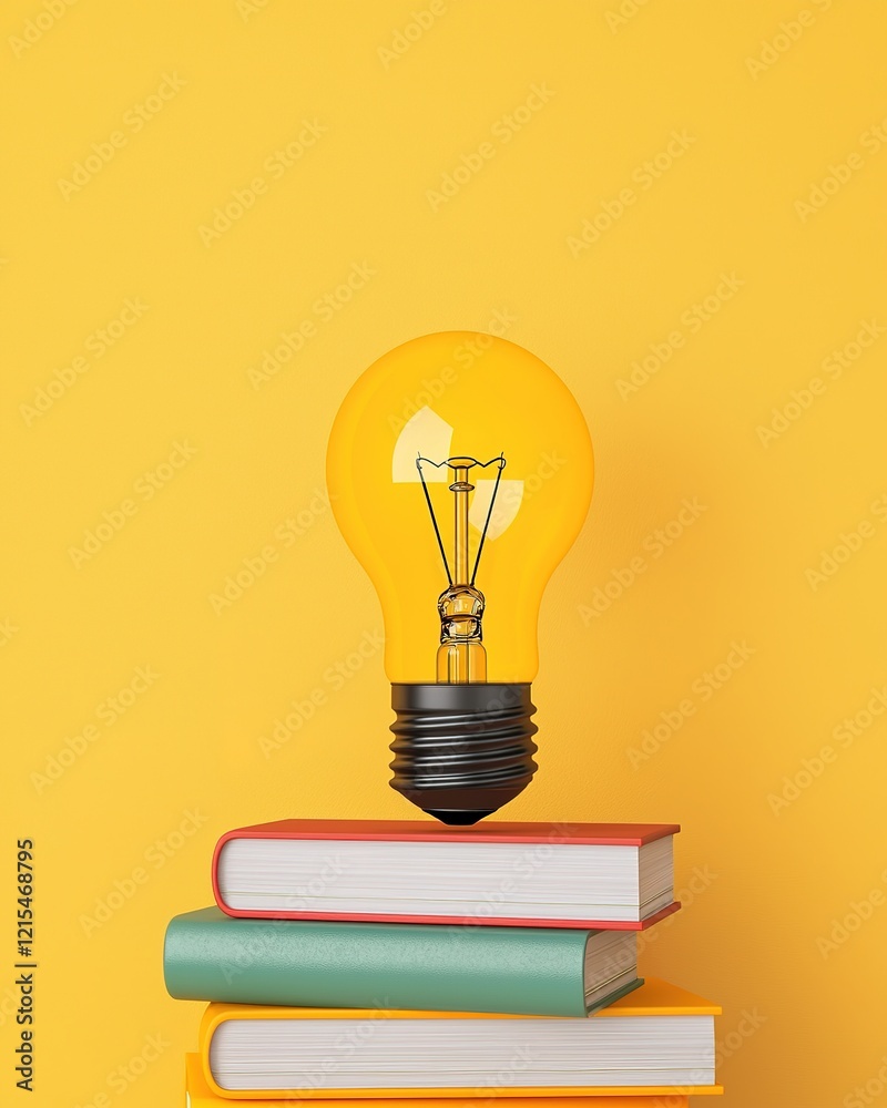 A light bulb hovers above colorful books, symbolizing ideas, knowledge, and creativity against a bright yellow background. A light bulb hovers above colorful books, symbolizing ideas, knowledge, and creativity against a bright yellow background.