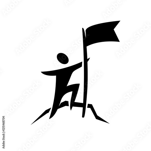 Happy man silhouette with flag in a hand, standing on a mountain top peak and holding a flagpole. Success and award concept symbol. One black color motivation sign. Elegant style achievement logo.