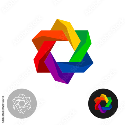 Rainbow colors geometric technical logo. Hexagonal colorful abstract chain shape. 3D illusion style vibrant colors round symbol. Weaving triangle blocks composition icon.