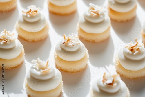 National coconut torte day, March 13, minimalist knolling composition of mini coconut tortes with glossy frosting, arranged in precise rows on a matte white surface photo