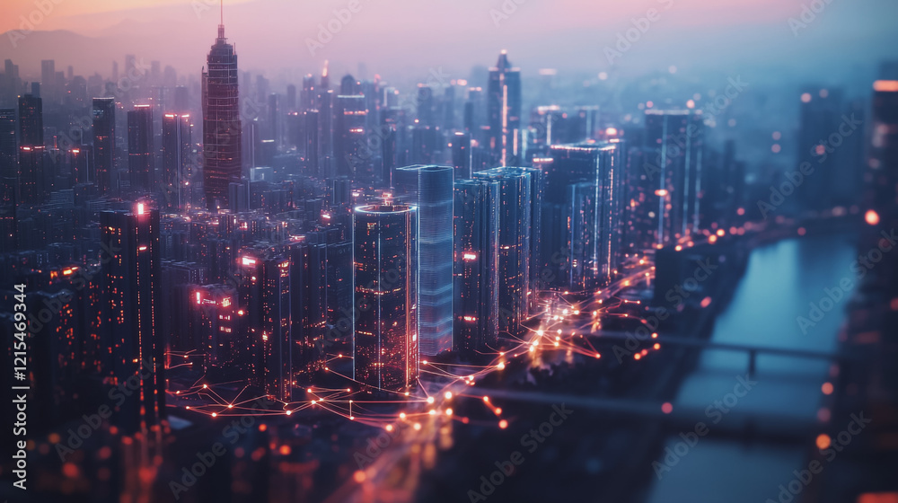 Smart digital Innovation city with connection network reciprocity over the twilight cityscape. of future smart wireless digital city and social media networking systems that connects people with city Smart digital Innovation city with connection network reciprocity over the twilight cityscape. of future smart wireless digital city and social media networking systems that connects people with city