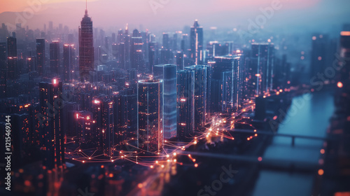 Wallpaper Mural Smart digital Innovation city with connection network reciprocity over the twilight cityscape. of future smart wireless digital city and social media networking systems that connects people with city Torontodigital.ca