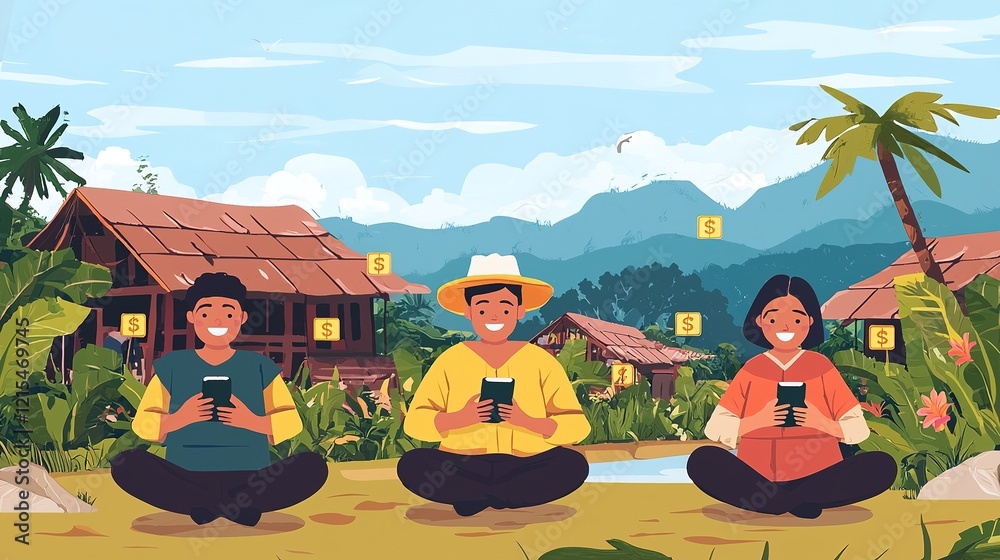 custom made wallpaper toronto digitalEmpowering rural communities people using smartphones for cryptocurrency in lush green landscape