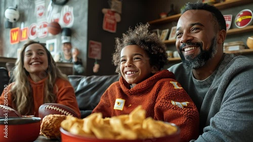 Family enjoys game day with laughter and snacks in cozy living room setting