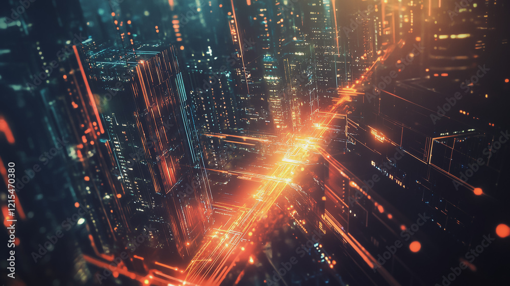 Fototapeta premium Smart digital Innovation city with connection network reciprocity over the twilight cityscape. of future smart wireless digital city and social media networking systems that connects people with city