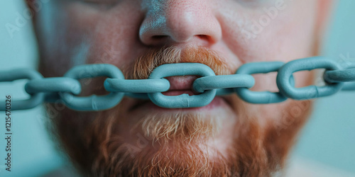 Close-up of Man's Face with Teal Chain in Mouth