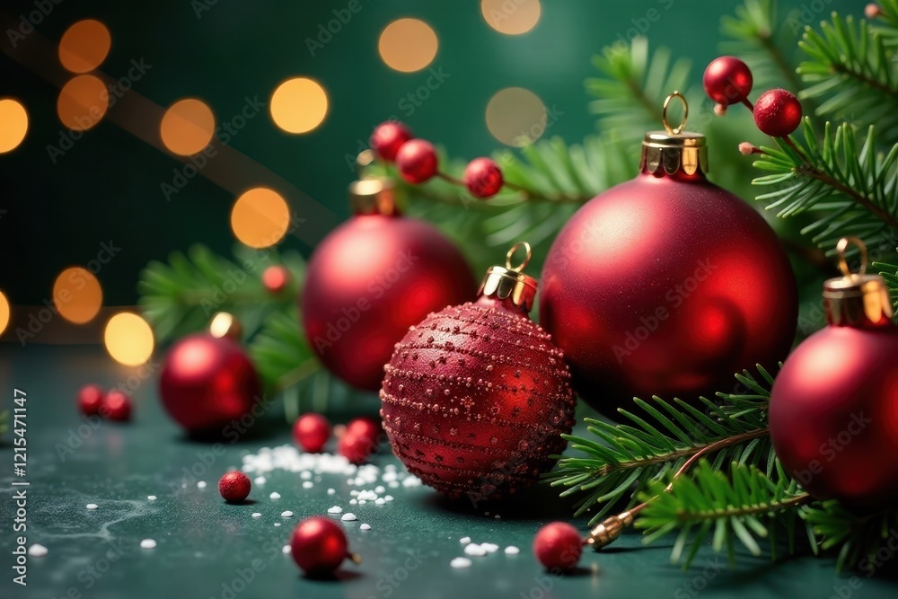 Naklejka premium Rote Weihnachtskugeln auf einer gr?nen Tanne mit Blumen, festive, lights