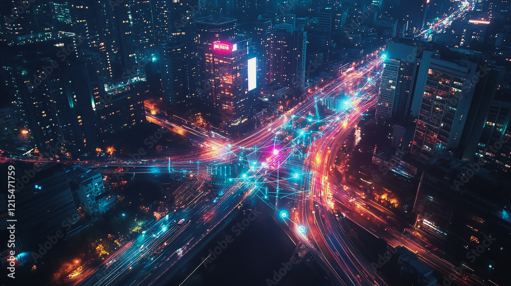 Obraz premium Smart digital Innovation city with connection network reciprocity over the twilight cityscape. of future smart wireless digital city and social media networking systems that connects people with city