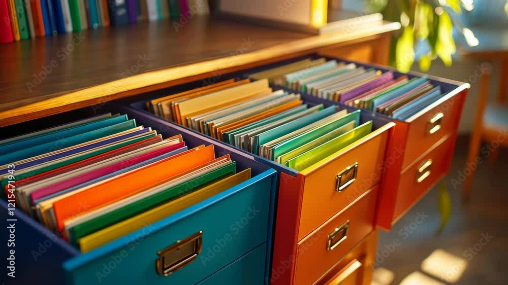 Organized office: vibrant file drawers with colorful folders in sunlit workspace