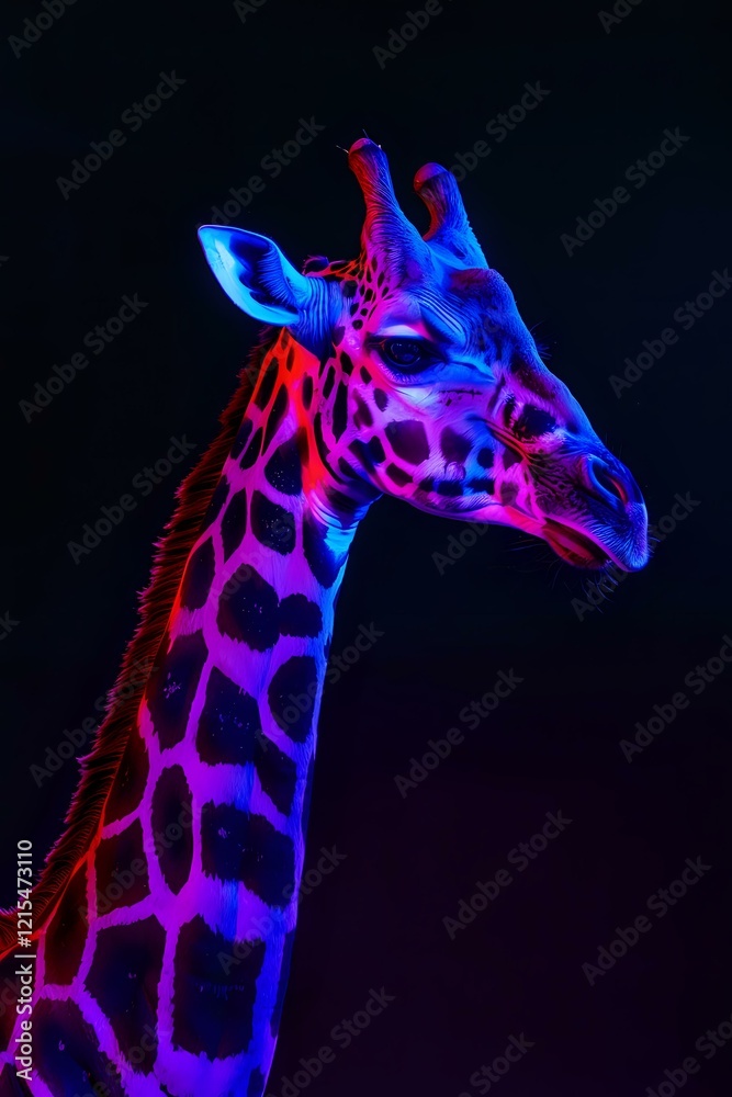 Obraz premium Neon-colored giraffe portrait in vibrant pink and blue lighting against dark background, creating surreal artistic effect perfect for modern design projects and creative advertising concepts.
