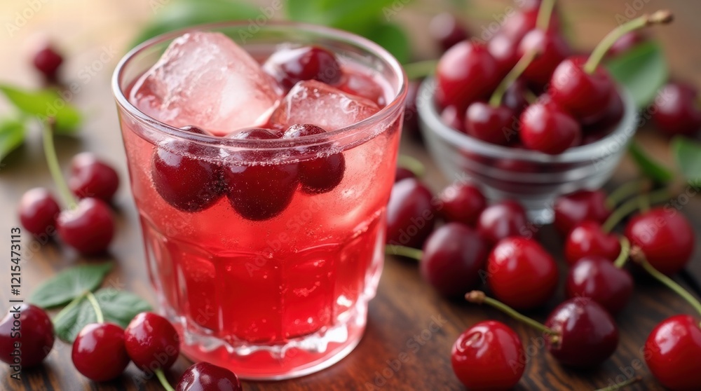 A glass of cherry liqueur filled with ice and cherries, with fresh berries surrounding it A glass of cherry liqueur filled with ice and cherries, with fresh berries surrounding it