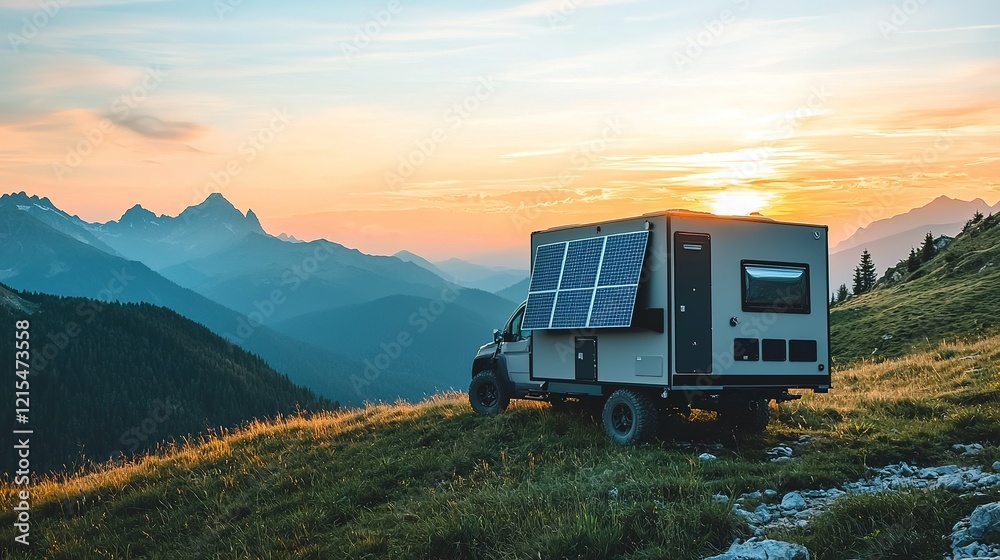 Obraz premium Emergency portable smart energy setups for off-grid adventures mountain landscape vehicle view