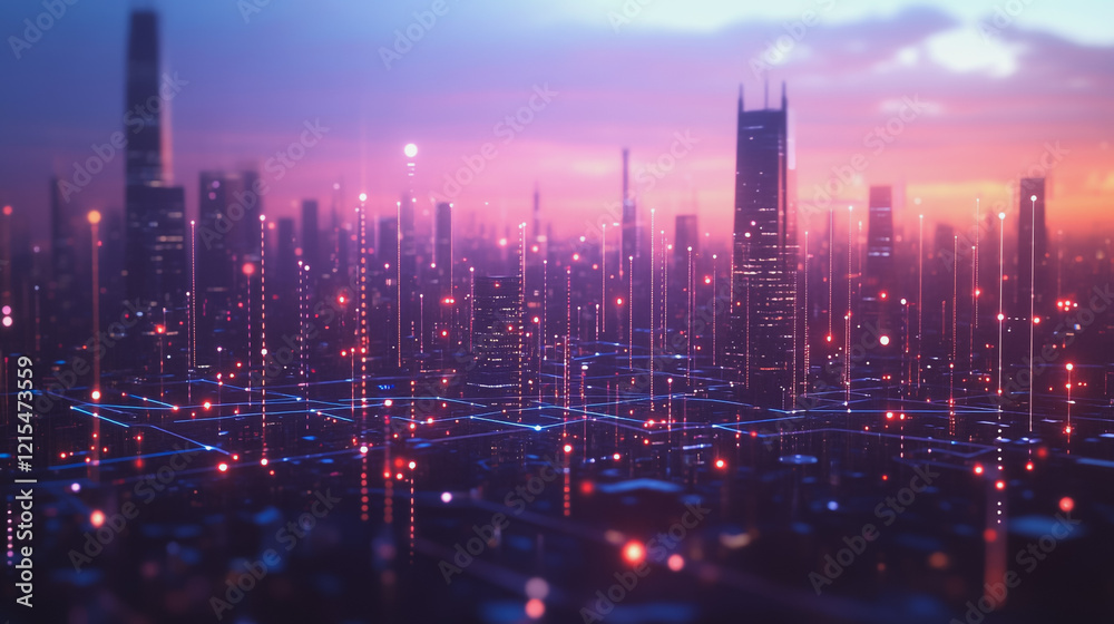 Fototapeta premium Smart digital Innovation city with connection network reciprocity over the twilight cityscape. of future smart wireless digital city and social media networking systems that connects people with city
