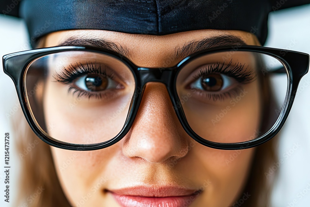 Close-up of a young graduate's face wearing eyeglasses and graduation cap; focused eyes and subtle smile. Close-up of a young graduate's face wearing eyeglasses and graduation cap; focused eyes and subtle smile.