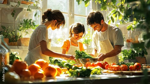 Family cooking together in a sunlit kitchen with fresh vegetables and herbs
