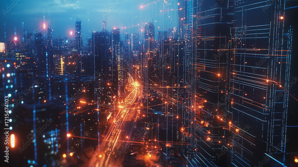 Fototapeta premium Smart digital Innovation city with connection network reciprocity over the twilight cityscape. of future smart wireless digital city and social media networking systems that connects people with city