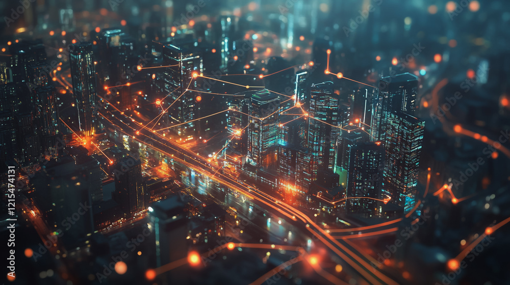 Obraz premium Smart digital Innovation city with connection network reciprocity over the twilight cityscape. of future smart wireless digital city and social media networking systems that connects people with city